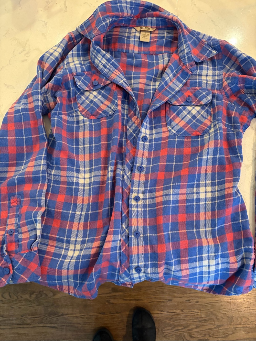 Duluth Trading Co Plaid Button-Down Shirt in Blue & Pink